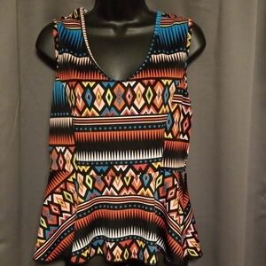 Fury Womens Blouse Shirt Sleeveless Multi-colored Aztec Stretch XL‎ GUC